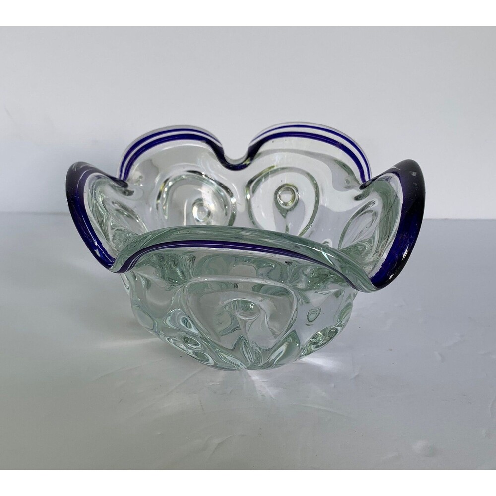1990s Lillian Vernon Heavy Crystal Candy Dish Bowl Ruffled Edge Blue Ribbon Trim